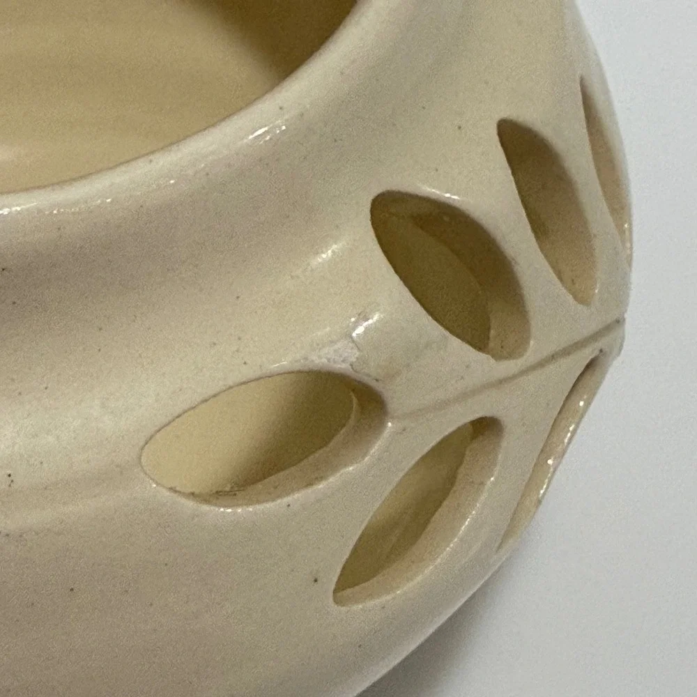 Vintage Handmade Ceramic Pottery Candle Luminary Cutout Pierced Leaves Signed